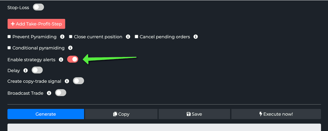 The TradingView alert dialog set to fire on a Pine Script strategy, with the TradingView Hub webhook URL pasted into the notifications tab so every strategy signal is sent straight to the bot