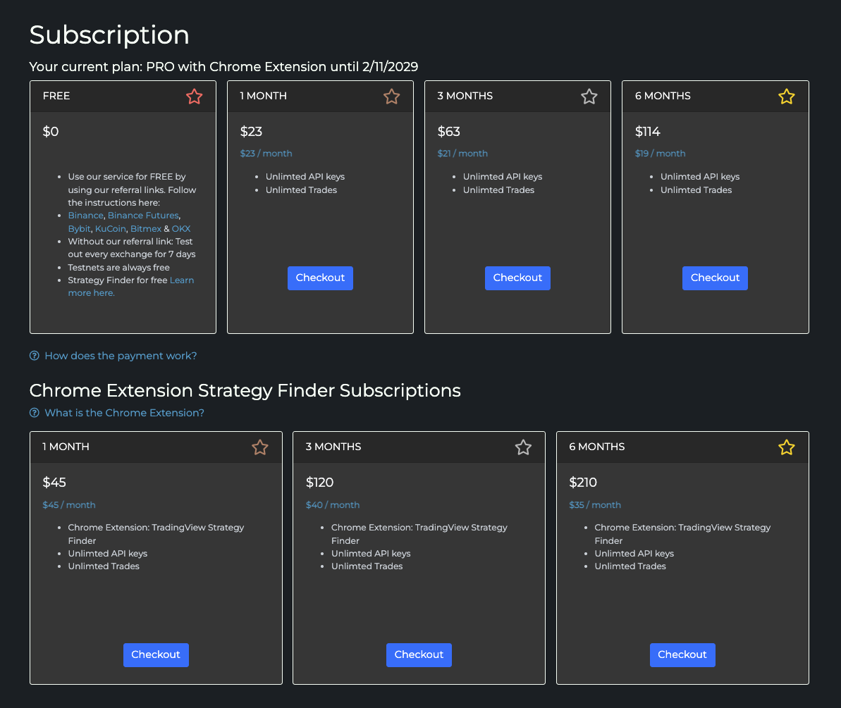 The TradingView Hub subscription screen showing a free plan unlocked through exchange referral links next to paid plans starting at $23 per month.