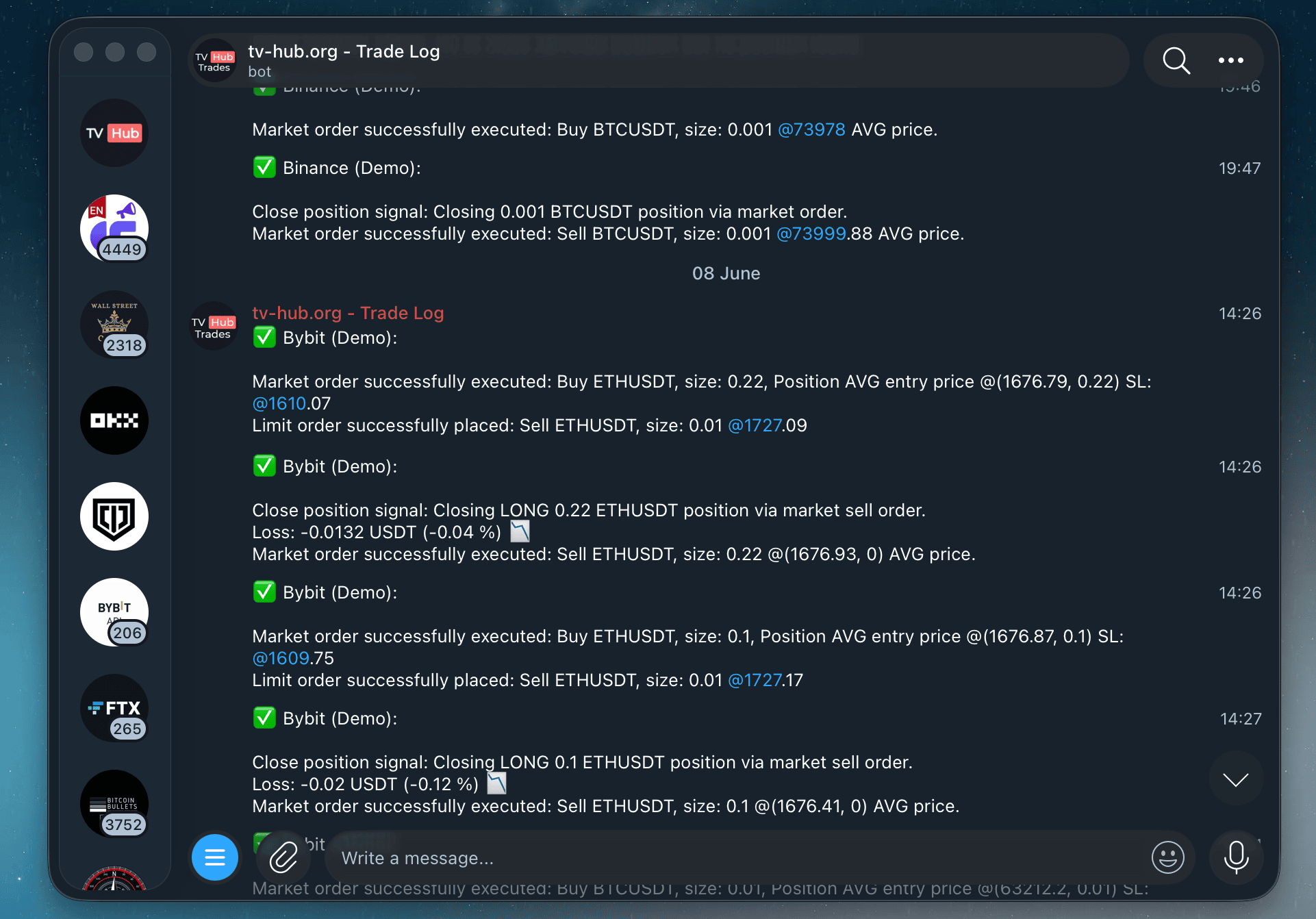 The tv-hub.org Trade Log Telegram bot pushing live trade notifications for Bybit and Binance demo accounts, each showing the executed market order, entry price, stop loss, take-profit limit order and close-position PnL
